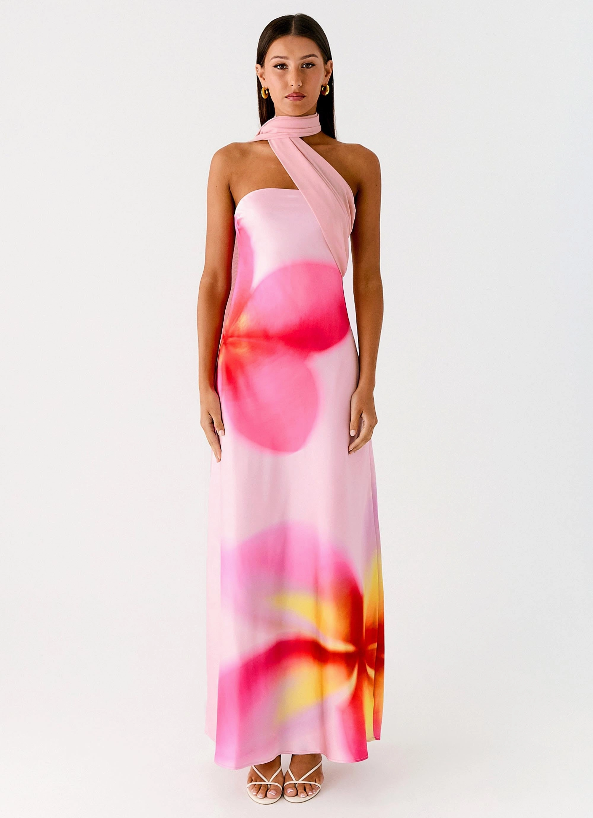 Isa Scarf Satin Maxi Dress - Frangipani Pink Matte-Lining Lounge Fit