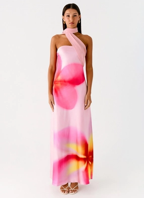 Isa Scarf Satin Maxi Dress - Frangipani Pink Matte-Lining Lounge Fit