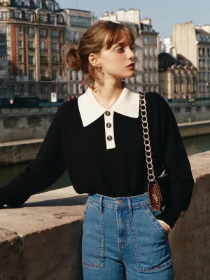 Non Restrictive Fit Selena Polo Contrast Collar 100% Wool Black Knit Sweater