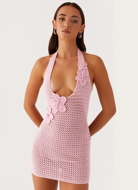 Twist Front Design Limited Edition Luciana Crochet Halterneck Mini Dress - Pink