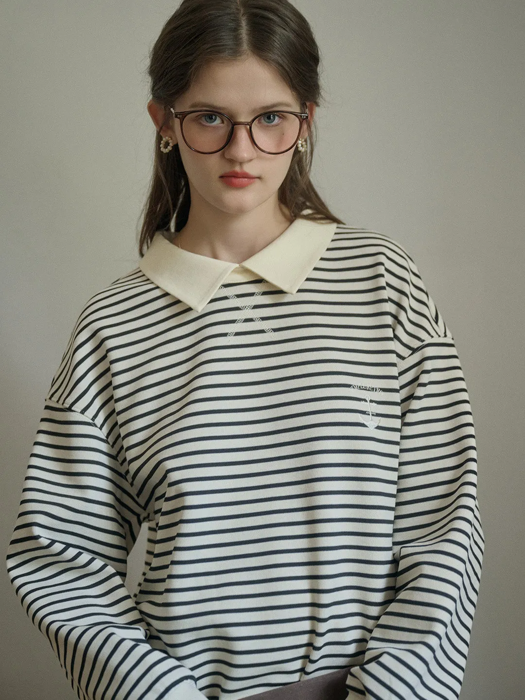 Adjustable Fit System standard fit Luella SR Logo Embroidered Contrast Collar Striped Sweatshirt