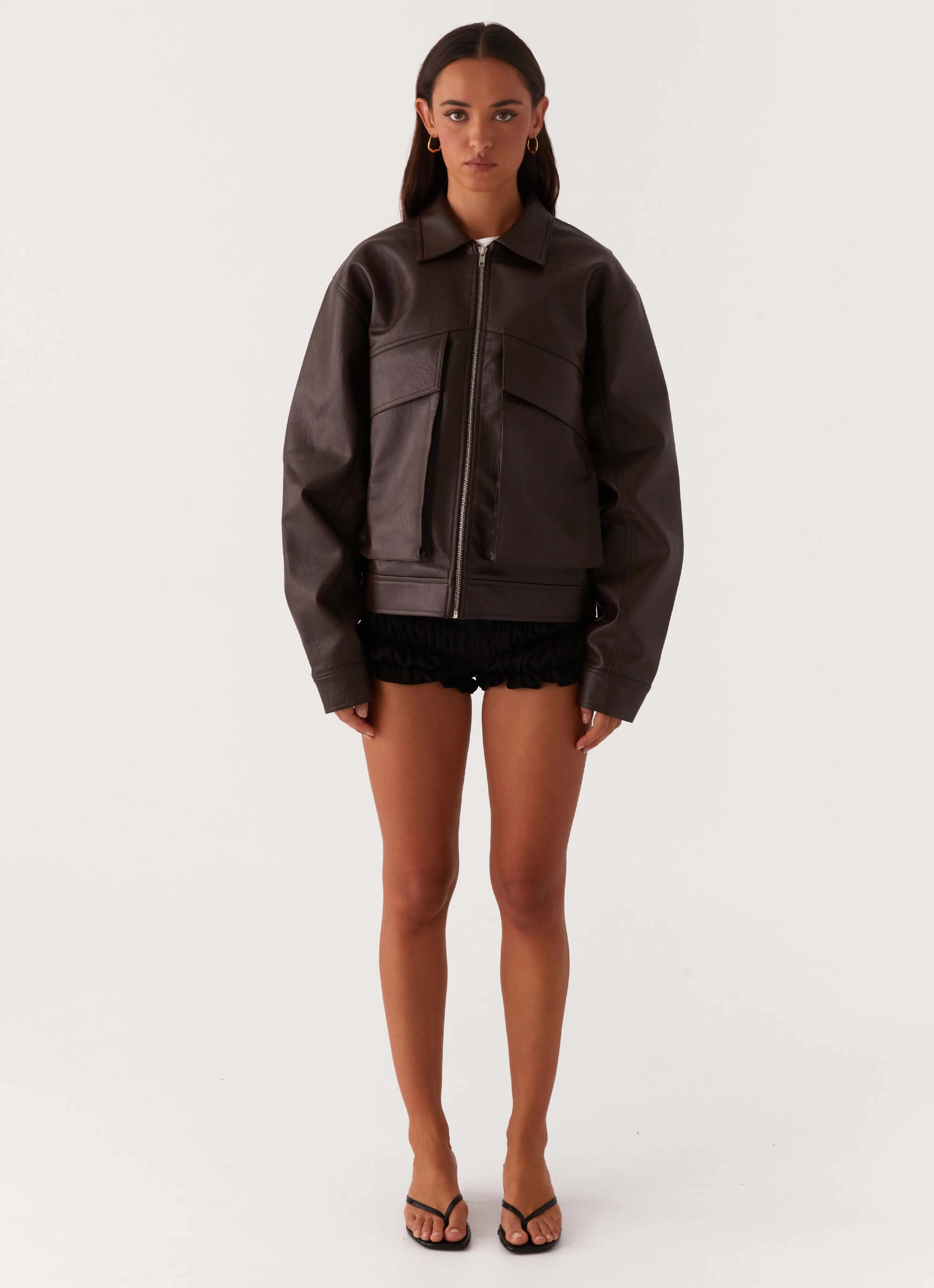 Lula Faux Leather Bomber Jacket - Chocolate popular among fashionistas