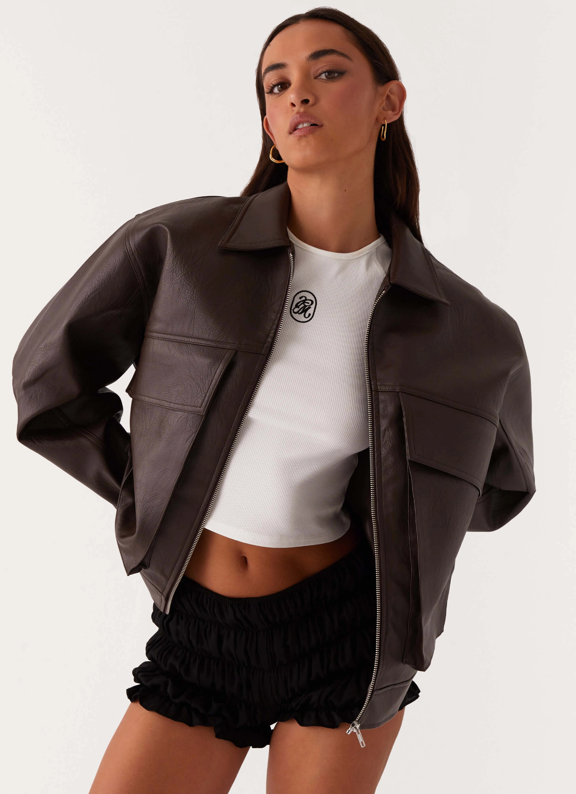 Relax Windproof Shell Lula Faux Leather Bomber Jacket - Chocolate