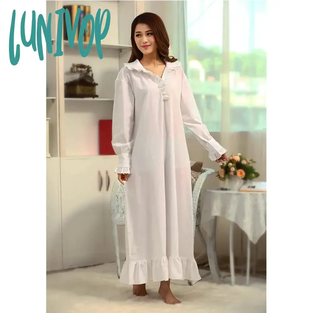 Lunivop  Victorian White Night Dress Women Spring Fall Long Sleeve Robe Peignoir Vintage Nightgowns Dressing Gown Nightdress