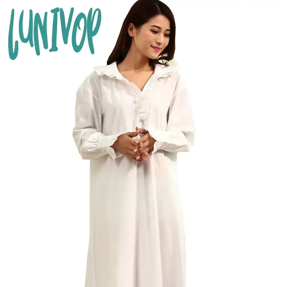 Lunivop  Victorian White Night Dress Women Spring Fall Long Sleeve Robe Peignoir Vintage Nightgowns Dressing Gown Nightdress