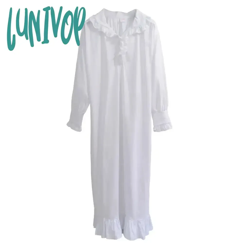 Lunivop  Victorian White Night Dress Women Spring Fall Long Sleeve Robe Peignoir Vintage Nightgowns Dressing Gown Nightdress