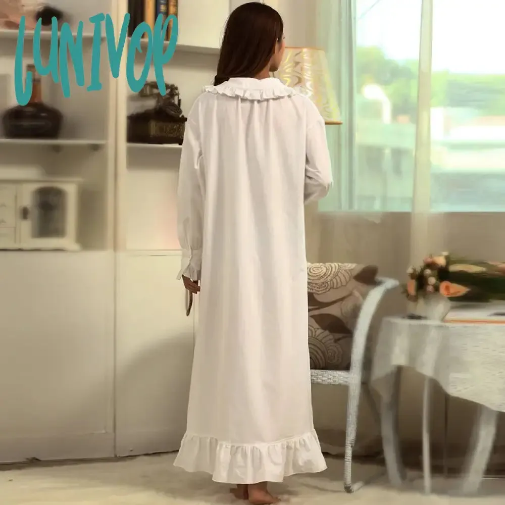 Lunivop  Victorian White Night Dress Women Spring Fall Long Sleeve Robe Peignoir Vintage Nightgowns Dressing Gown Nightdress