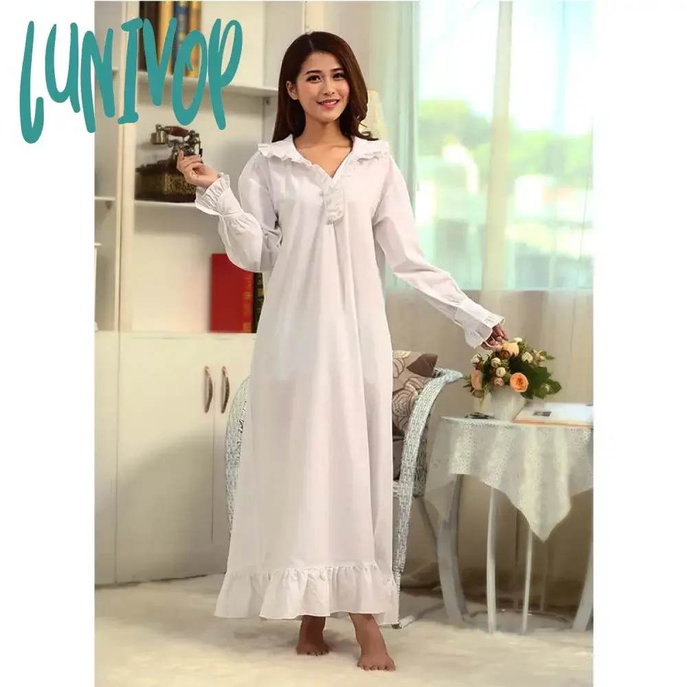 Lunivop  Victorian White Night Dress Women Spring Fall Long Sleeve Robe Peignoir Vintage Nightgowns Dressing Gown Nightdress