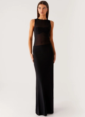 Smooth Tone Modern Texture lyria Mesh Maxi Dress - Black