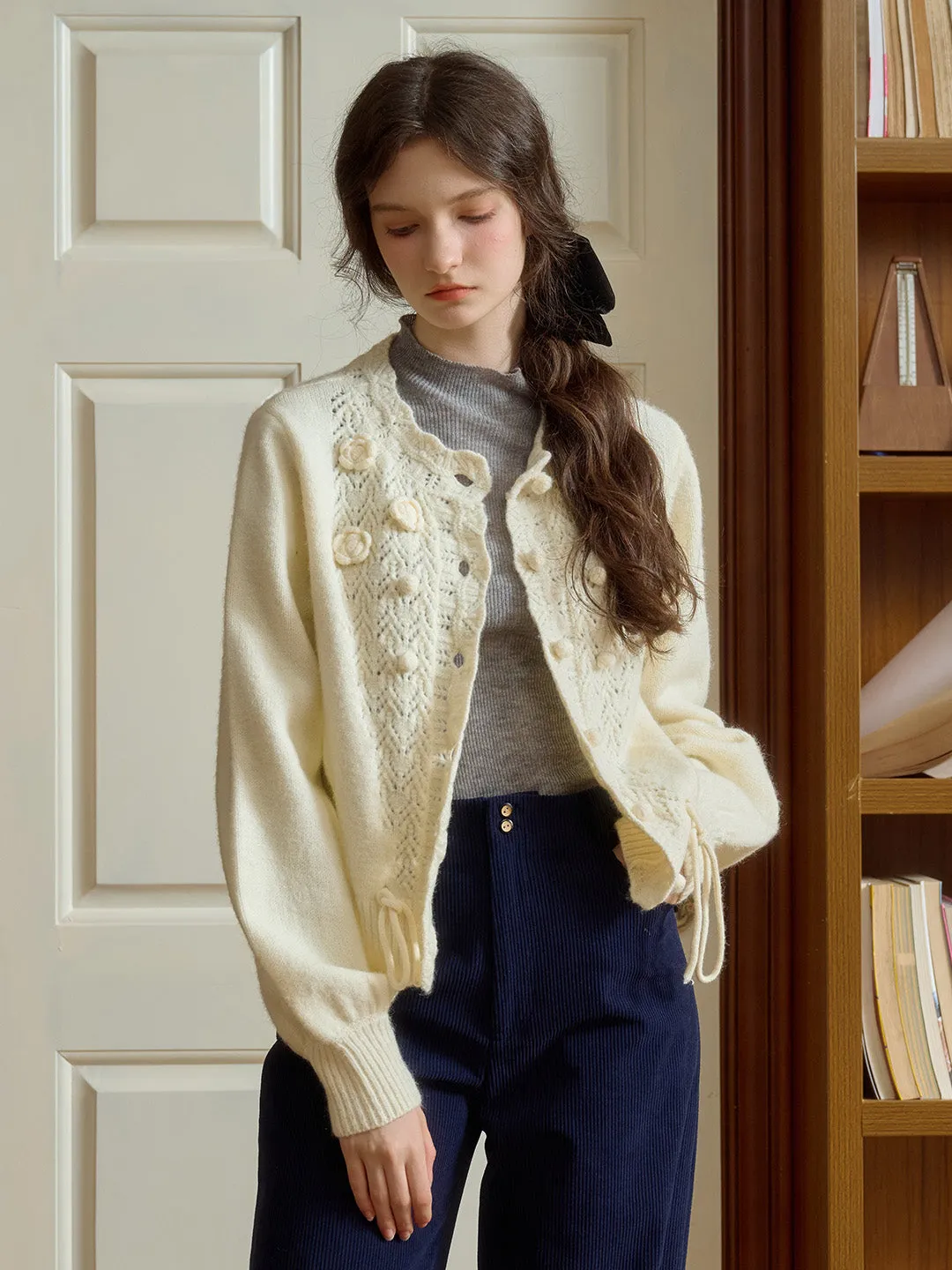 Flexible Knit Blend Monica Wave Collar Hollow 3D Crochet Flowers & Pompom Lace-Up Sweater Cardigan