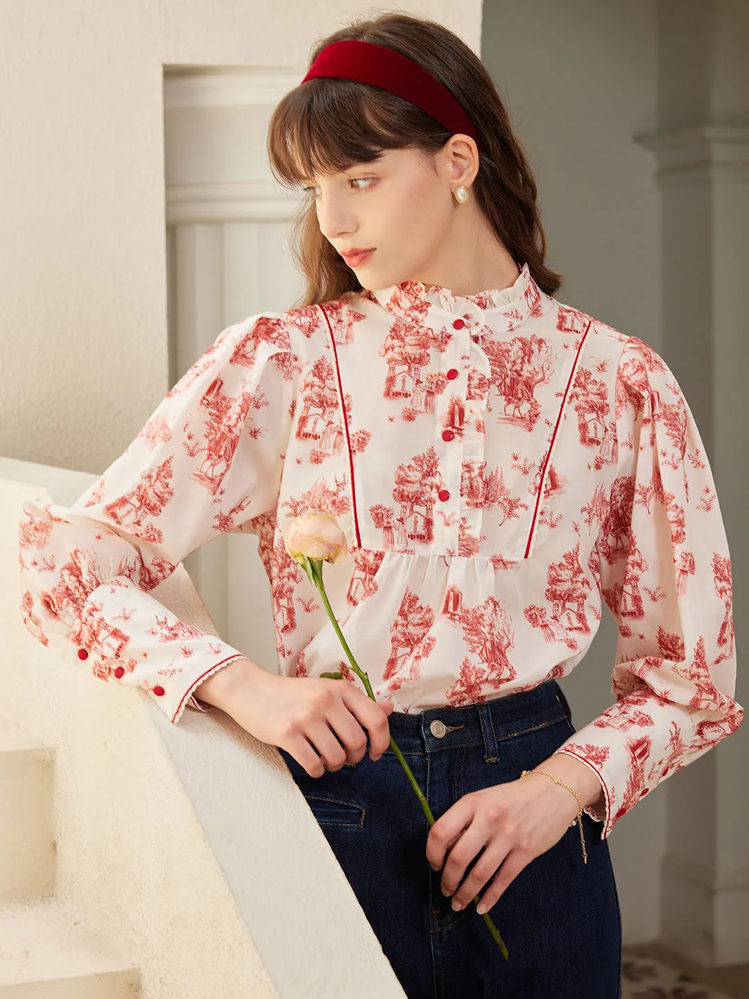Maddie Vintage Mock Neck Ruffled Paneled Blouse RawEdgedDesign