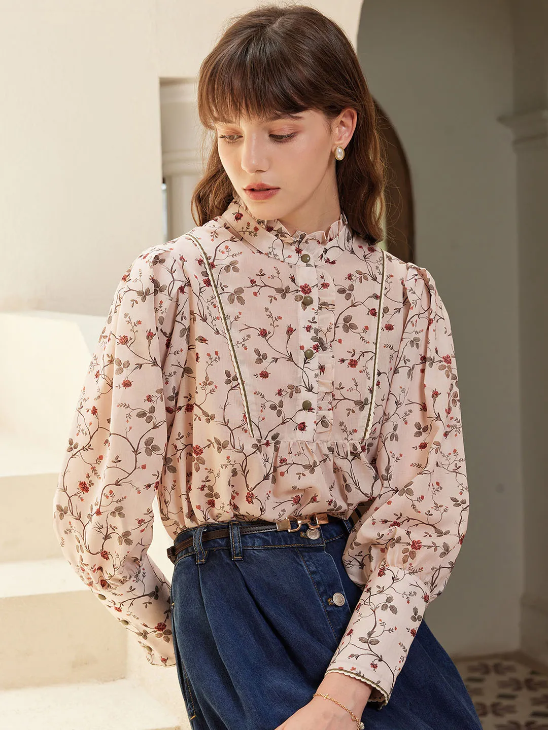 Maddie Vintage Mock Neck Ruffled Paneled Blouse Sustainable Fabric Blend RibbedNeckline