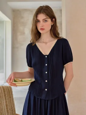 Madelyn V-Neck Lace Linen Top OrganicCotton