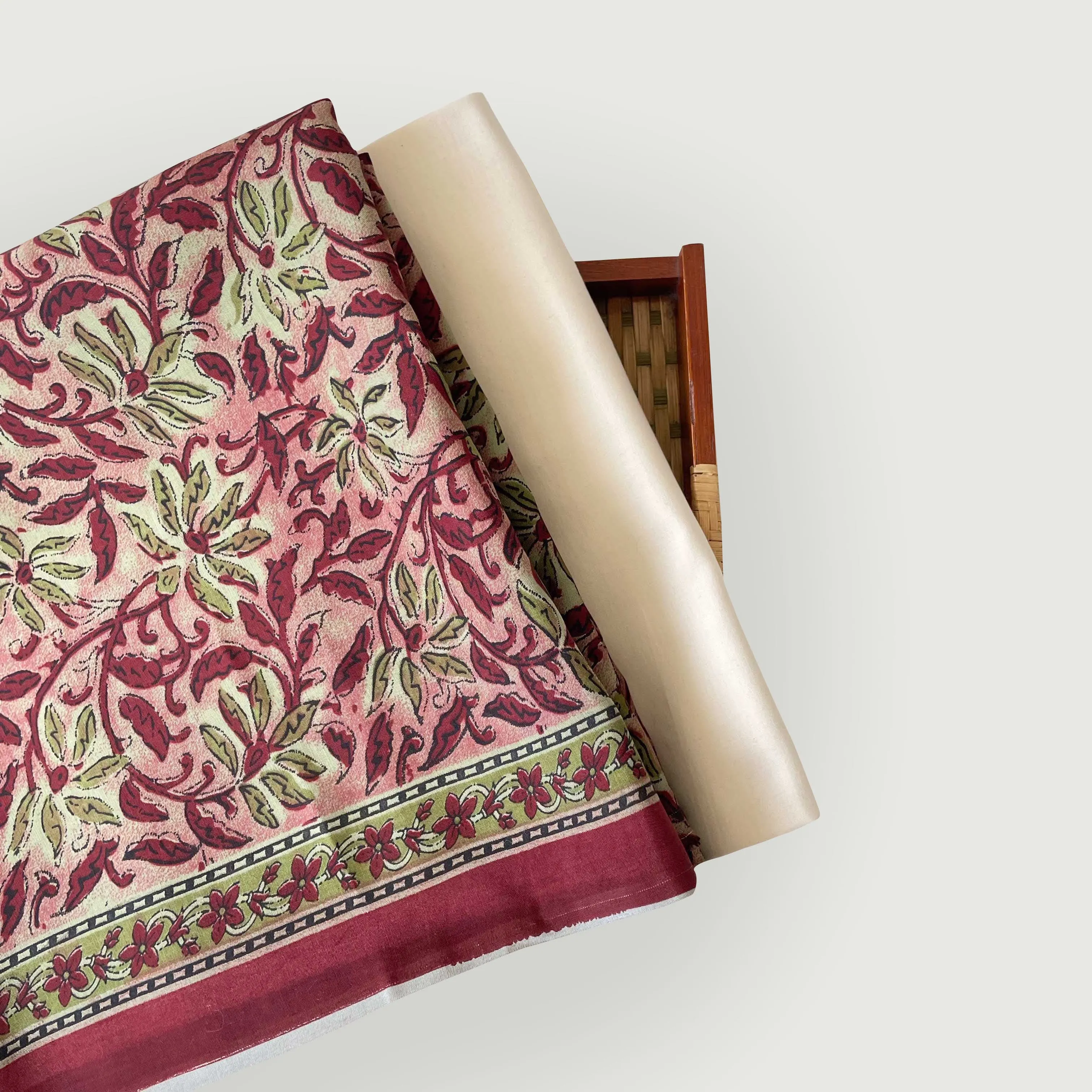 Magenta Red & Olive Vintage Flowers | Hand Block Printed Modal Fabric (3 Meters) | and Cotton Pyjama (2.5 Meters) | Unstitched Combo Set