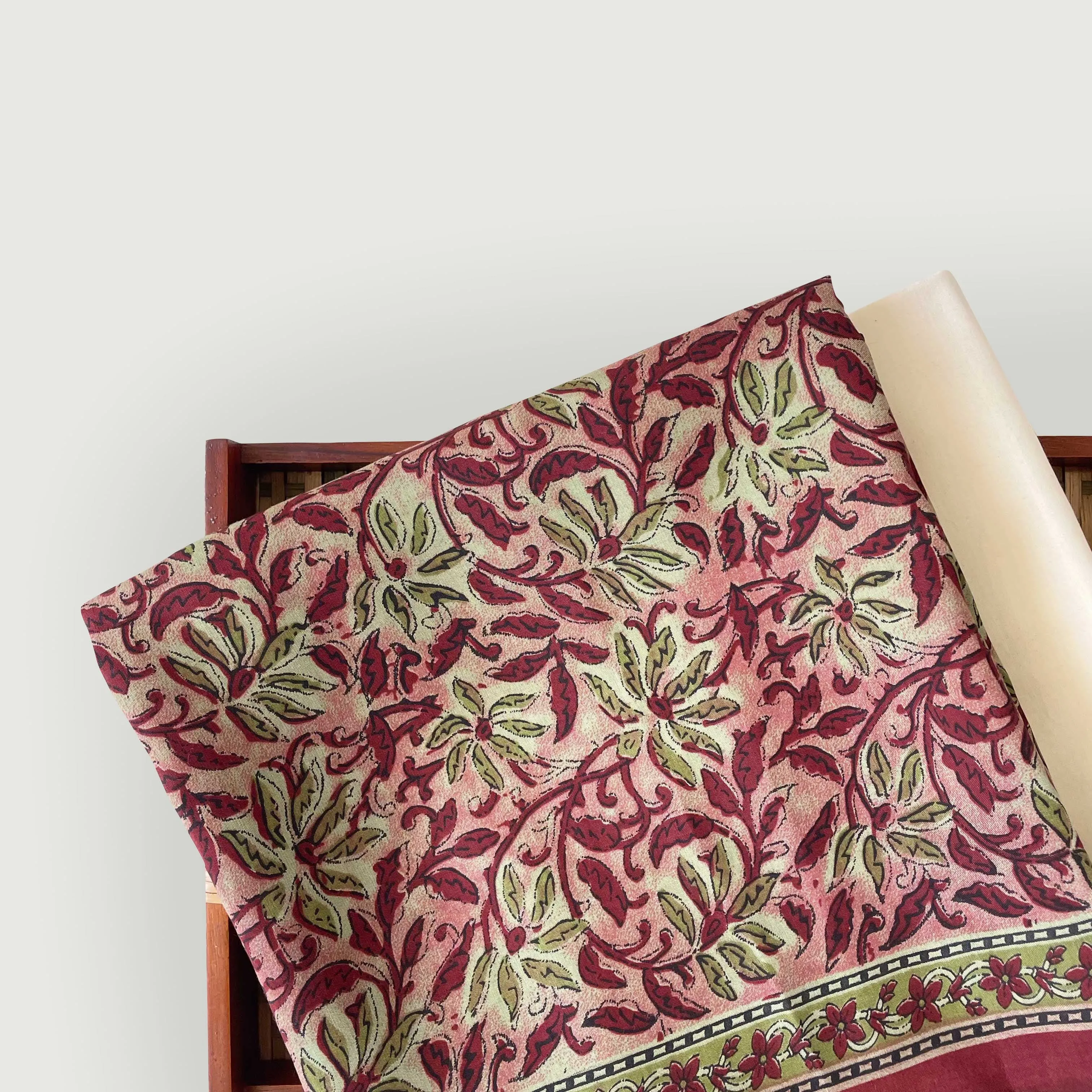Magenta Red & Olive Vintage Flowers | Hand Block Printed Modal Fabric (3 Meters) | and Cotton Pyjama (2.5 Meters) | Unstitched Combo Set
