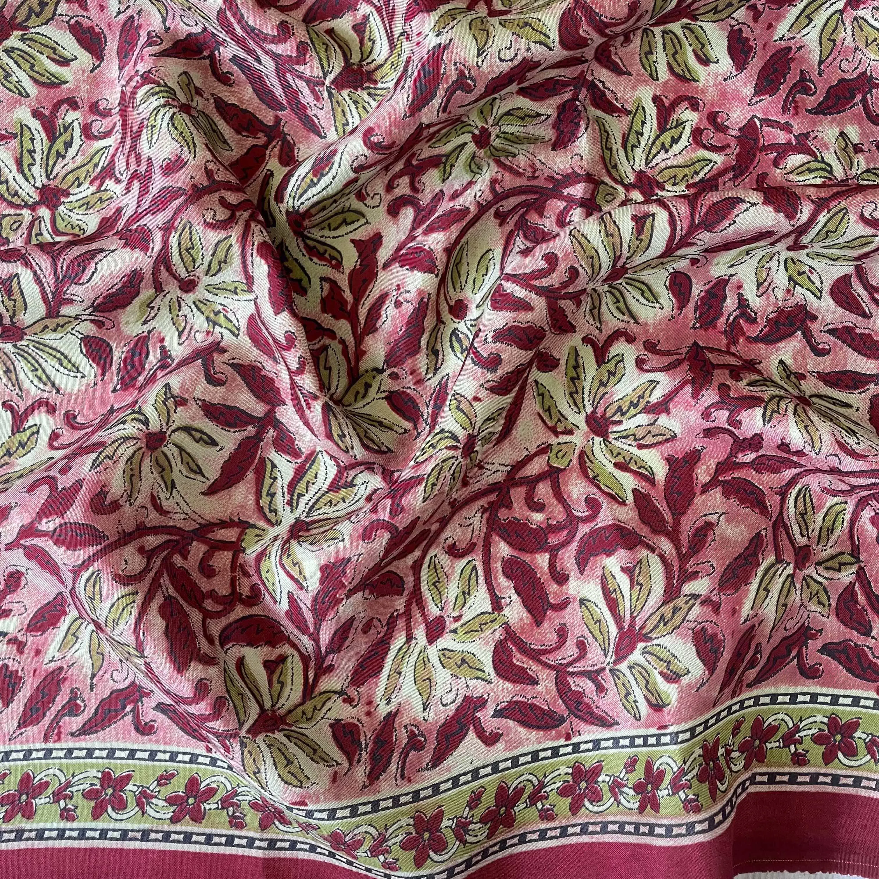 Magenta Red & Olive Vintage Flowers | Hand Block Printed Modal Fabric (3 Meters) | and Cotton Pyjama (2.5 Meters) | Unstitched Combo Set