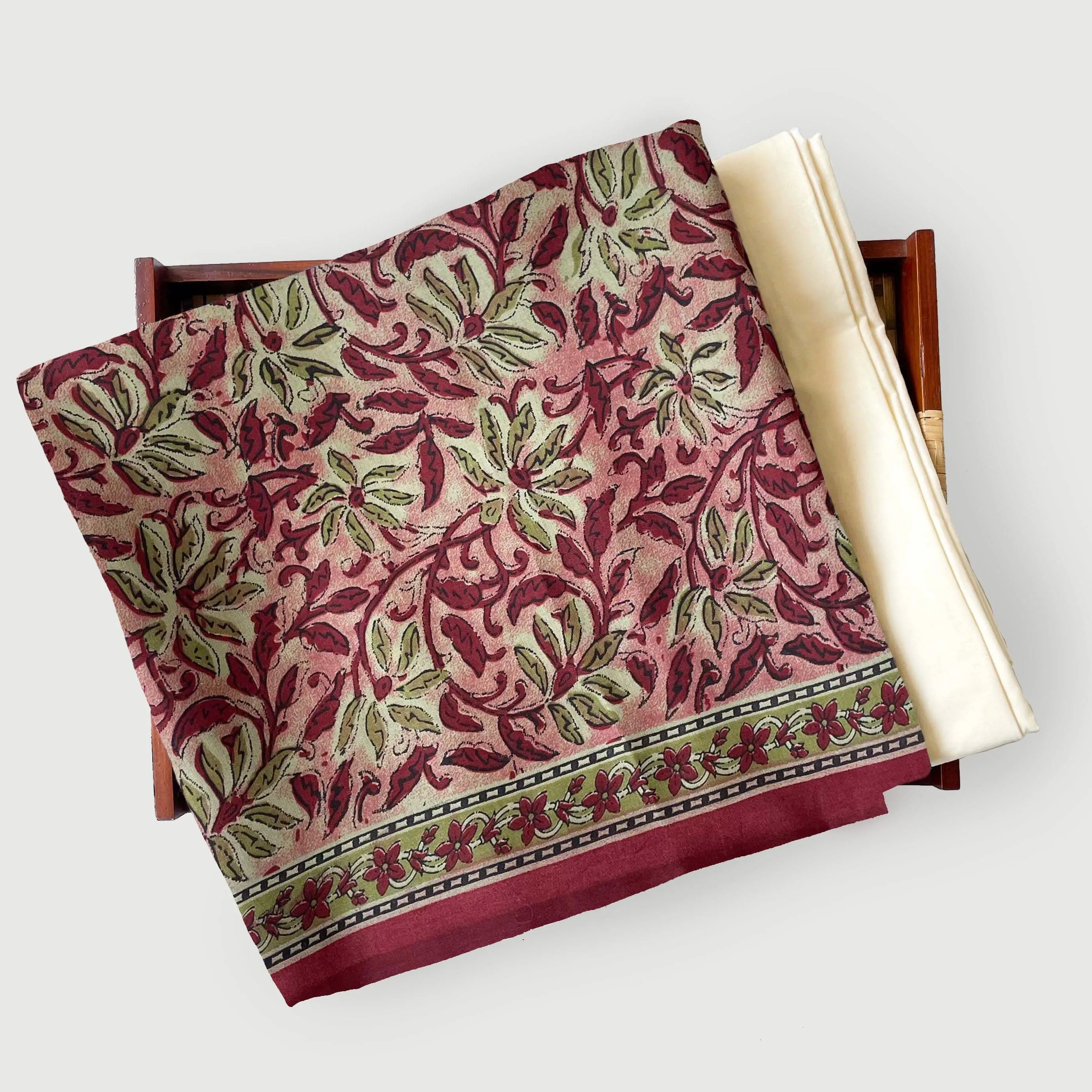 Magenta Red & Olive Vintage Flowers | Hand Block Printed Modal Fabric (3 Meters) | and Cotton Pyjama (2.5 Meters) | Unstitched Combo Set