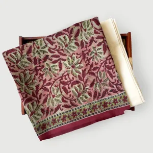 Magenta Red & Olive Vintage Flowers | Hand Block Printed Modal Fabric (3 Meters) | and Cotton Pyjama (2.5 Meters) | Unstitched Combo Set