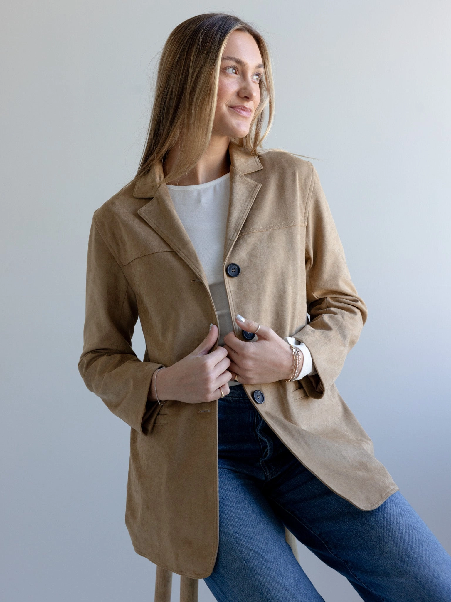 Cozy Hood Detail Reinforced Shoulders Maggie Faux Suede Blazer