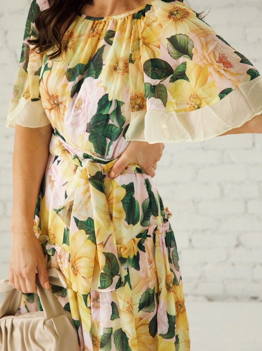 Smooth Flow Crystal-Detail Magnolia Blooms Dress