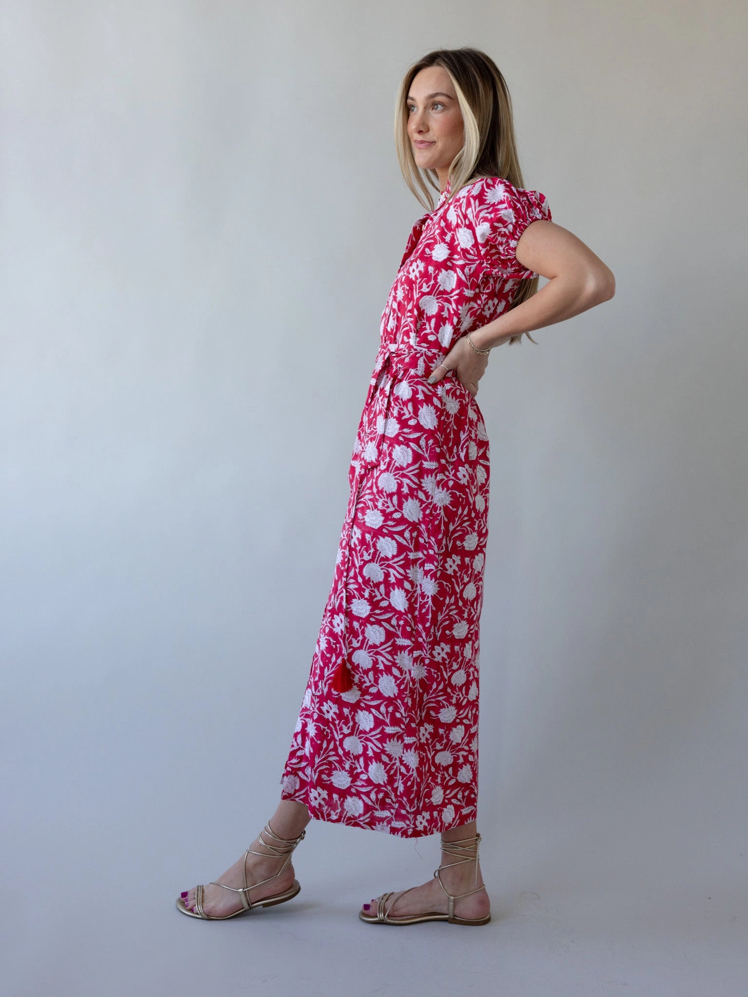 Maison De Frederic Red Maxi Dress Pleat-Front