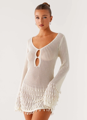 Organic Cotton Casual Feel Majestic Beaded Crochet Mini Dress - Ivory