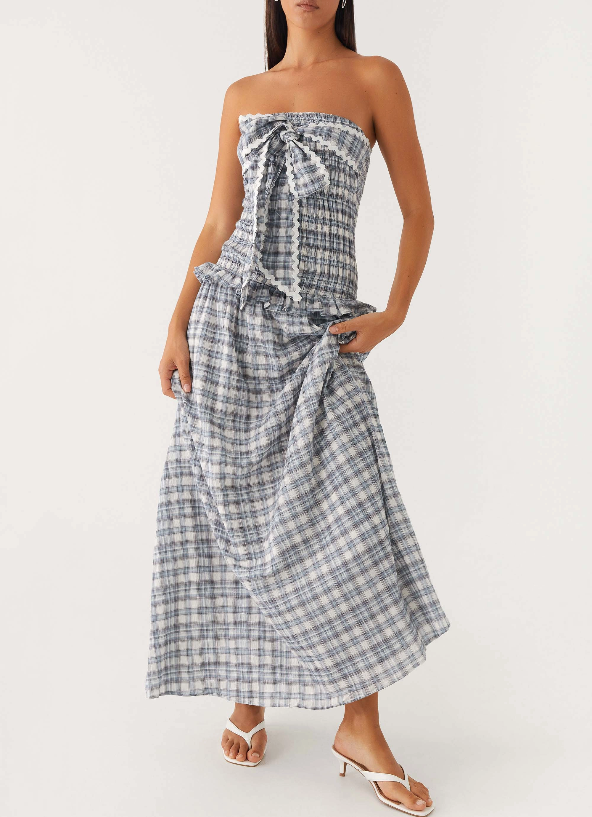 Malia Shirred Maxi Dress - Blue Grey Check Lounge Base Flattering Cut Wear