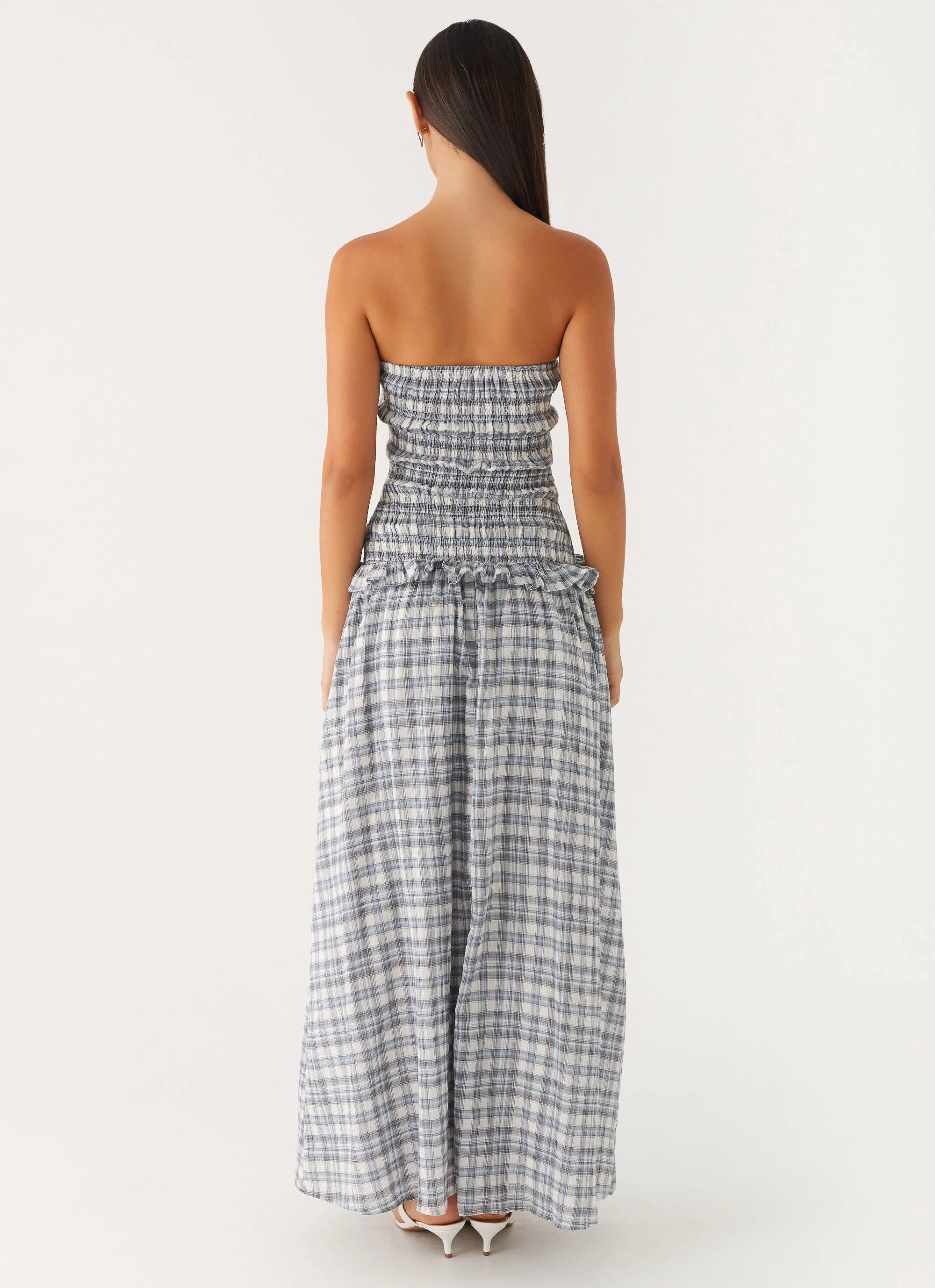 Malia Shirred Maxi Dress - Blue Grey Check Flare Swing Light Fall