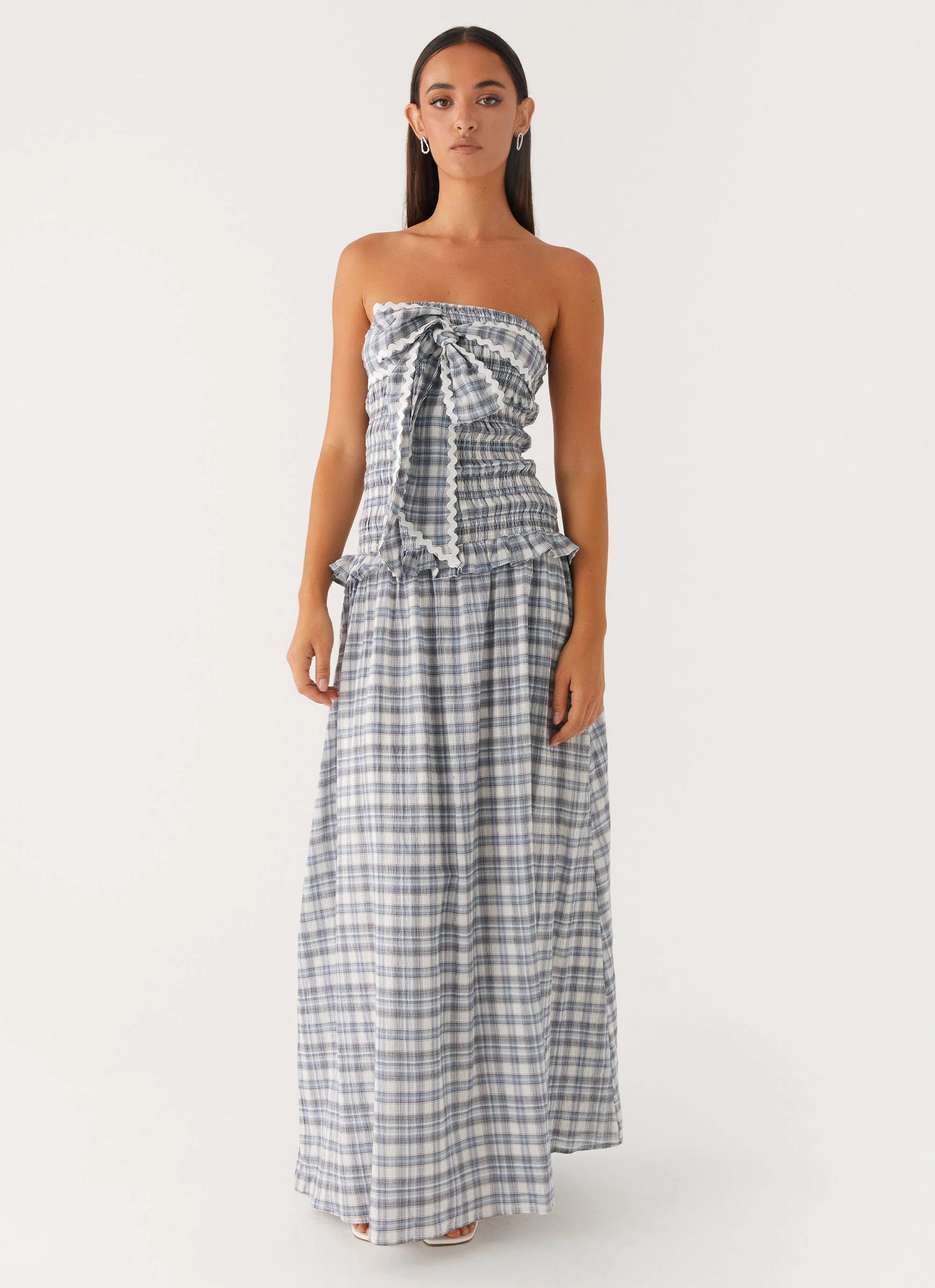 Malia Shirred Maxi Dress - Blue Grey Check Luxury-Fabric