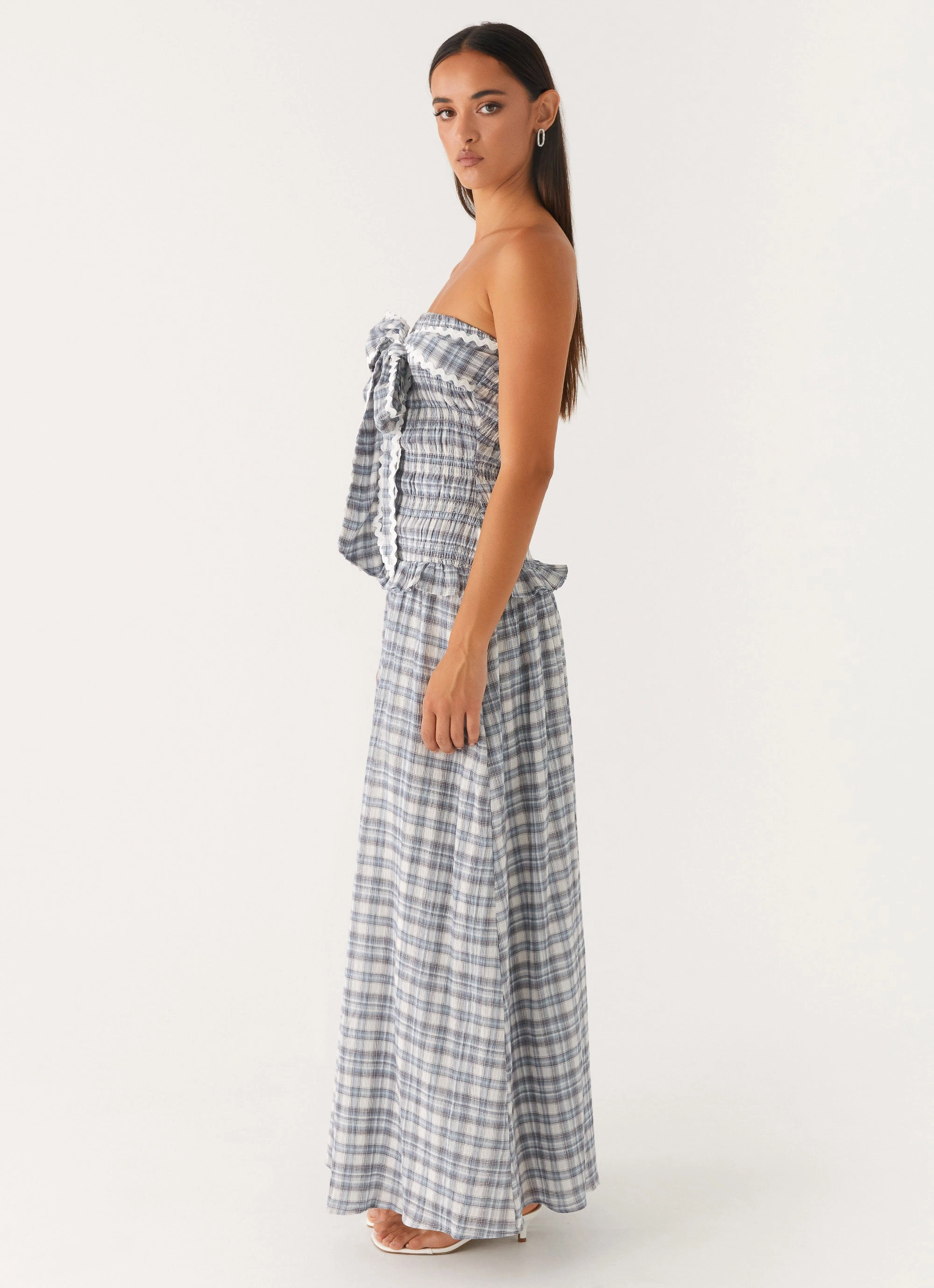 PlushLining Quick Glam Malia Shirred Maxi Dress - Blue Grey Check