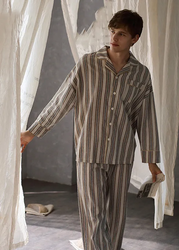 Man Peter Pan Collar Striped Button Cotton Pajamas Two Pieces Set Long Sleeve TO1026