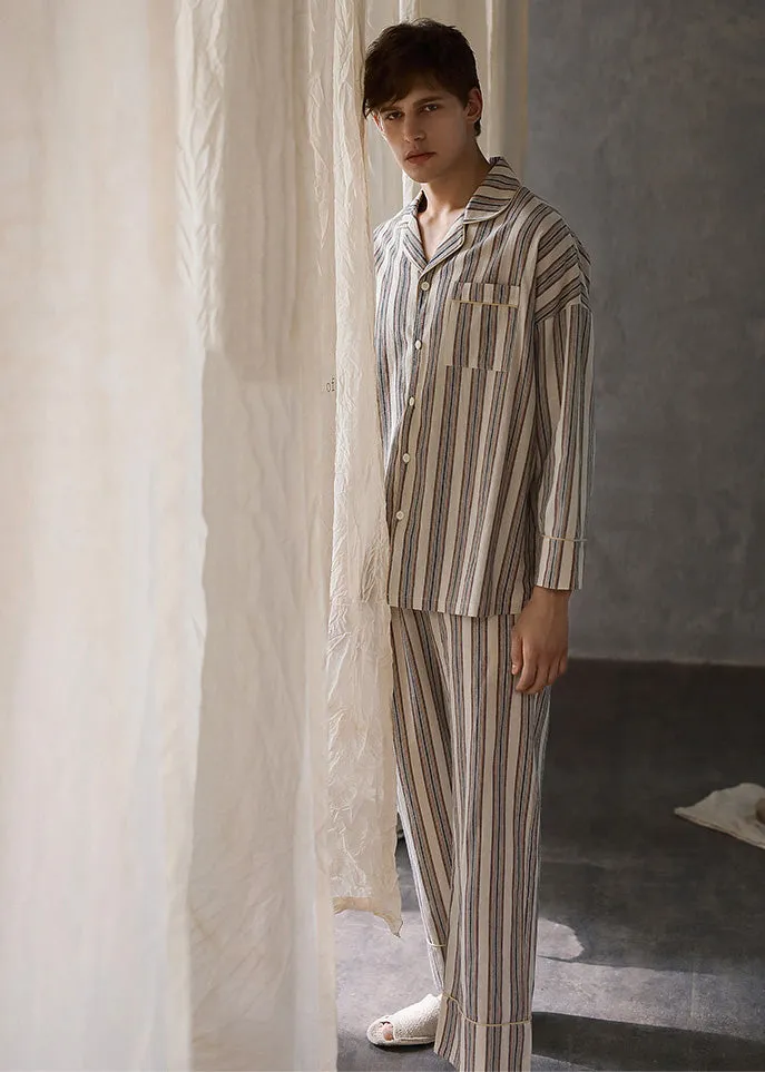 Man Peter Pan Collar Striped Button Cotton Pajamas Two Pieces Set Long Sleeve TO1026