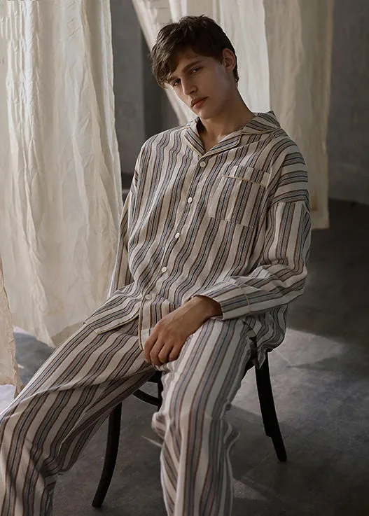 Man Peter Pan Collar Striped Button Cotton Pajamas Two Pieces Set Long Sleeve TO1026