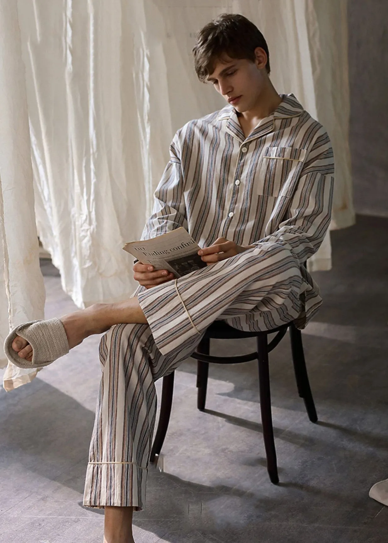 Man Peter Pan Collar Striped Button Cotton Pajamas Two Pieces Set Long Sleeve TO1026