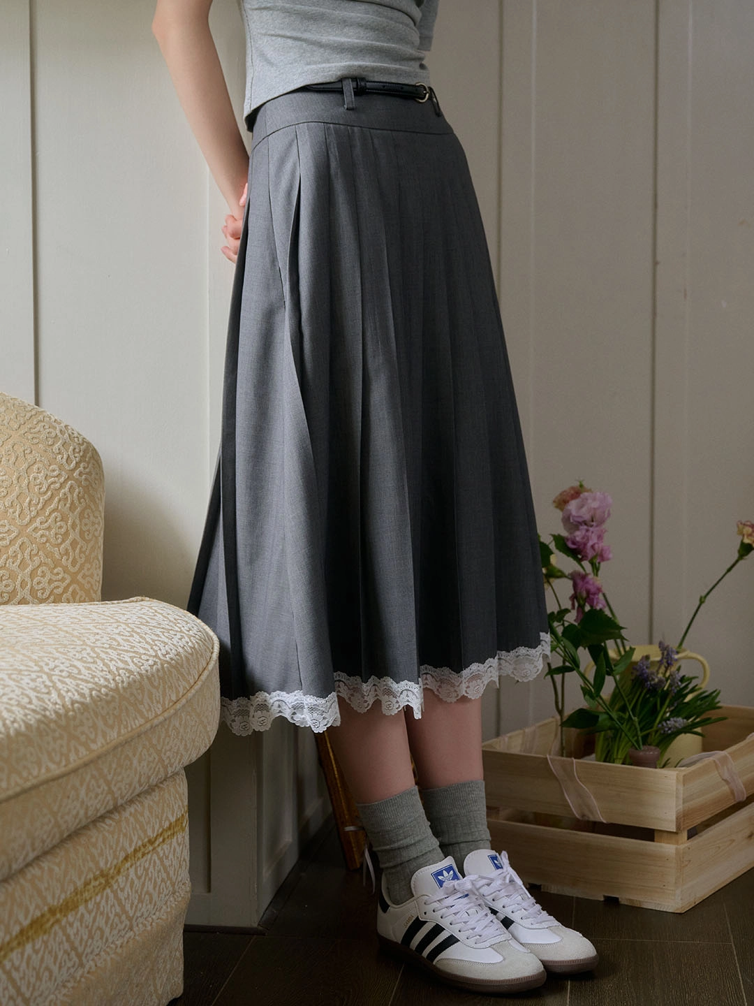 Non Bulk Mariam Contrast Lace Panel Hem Pleated Skirt