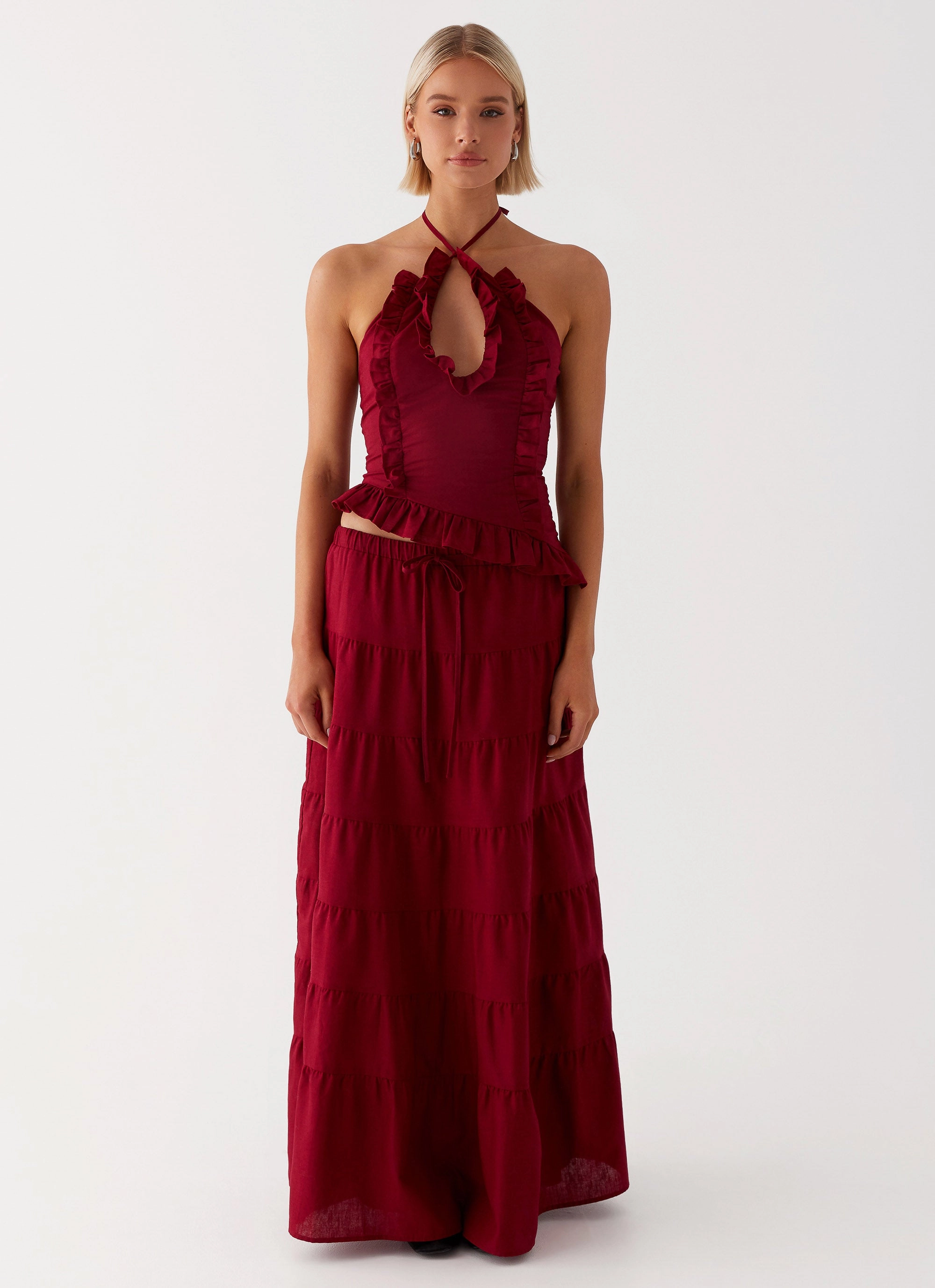 Layered Look Mariella Linen Maxi Skirt - Maroon