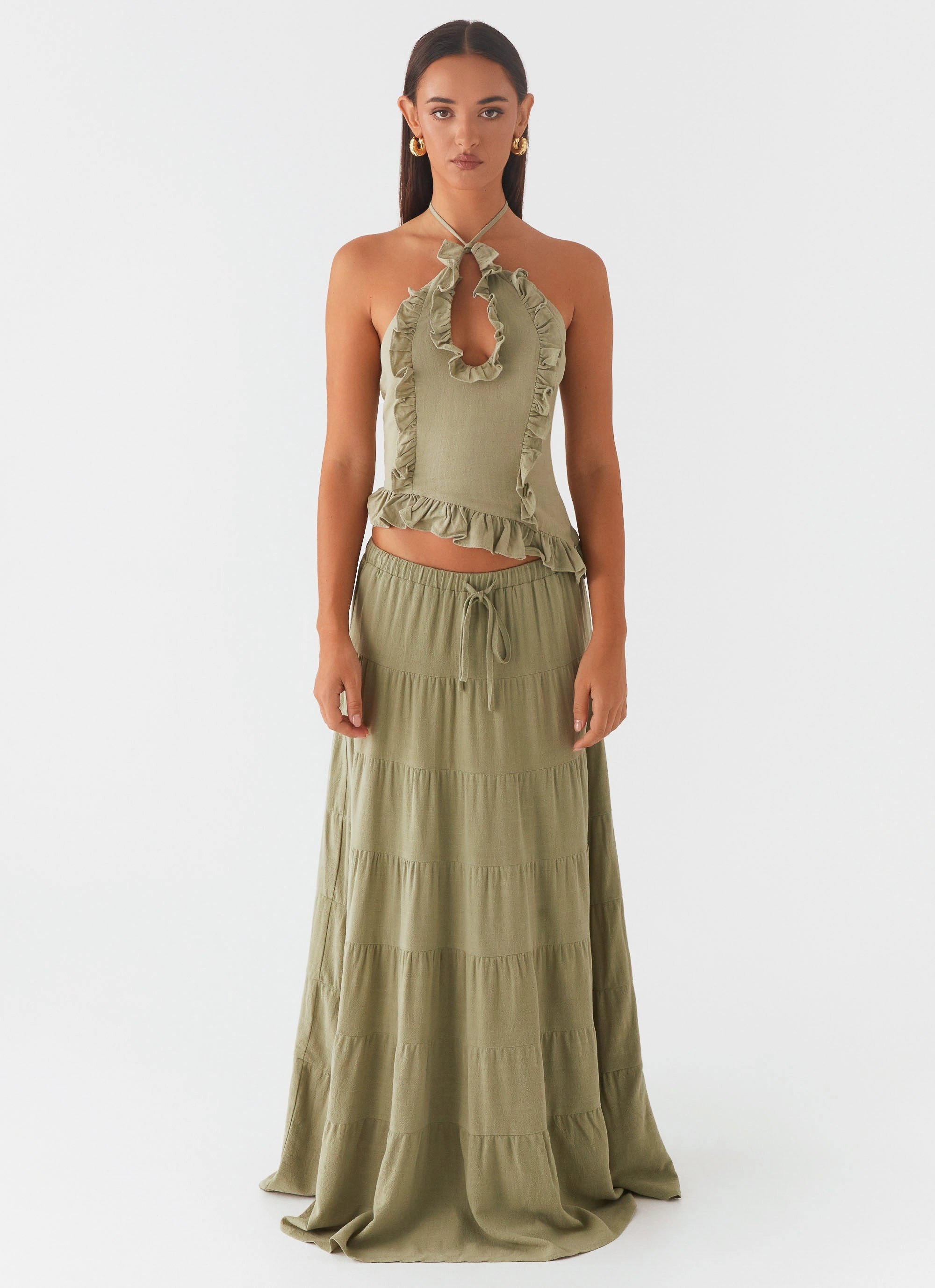 Front Slit Non Irritating Texture Mariella Linen Maxi Skirt - Sage