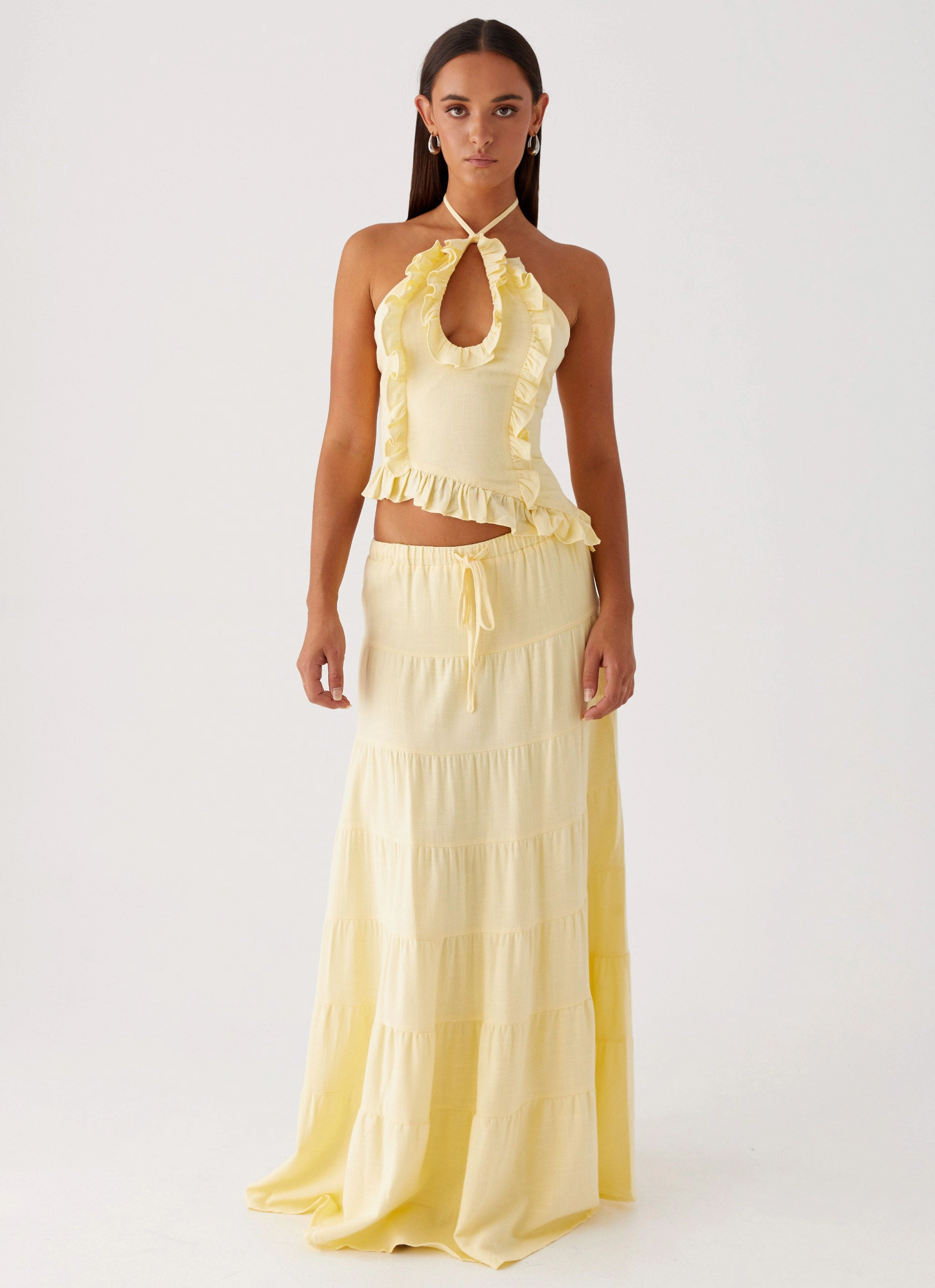 Everyday Favorite Embroidered Detail Mariella Linen Maxi Skirt - Yellow