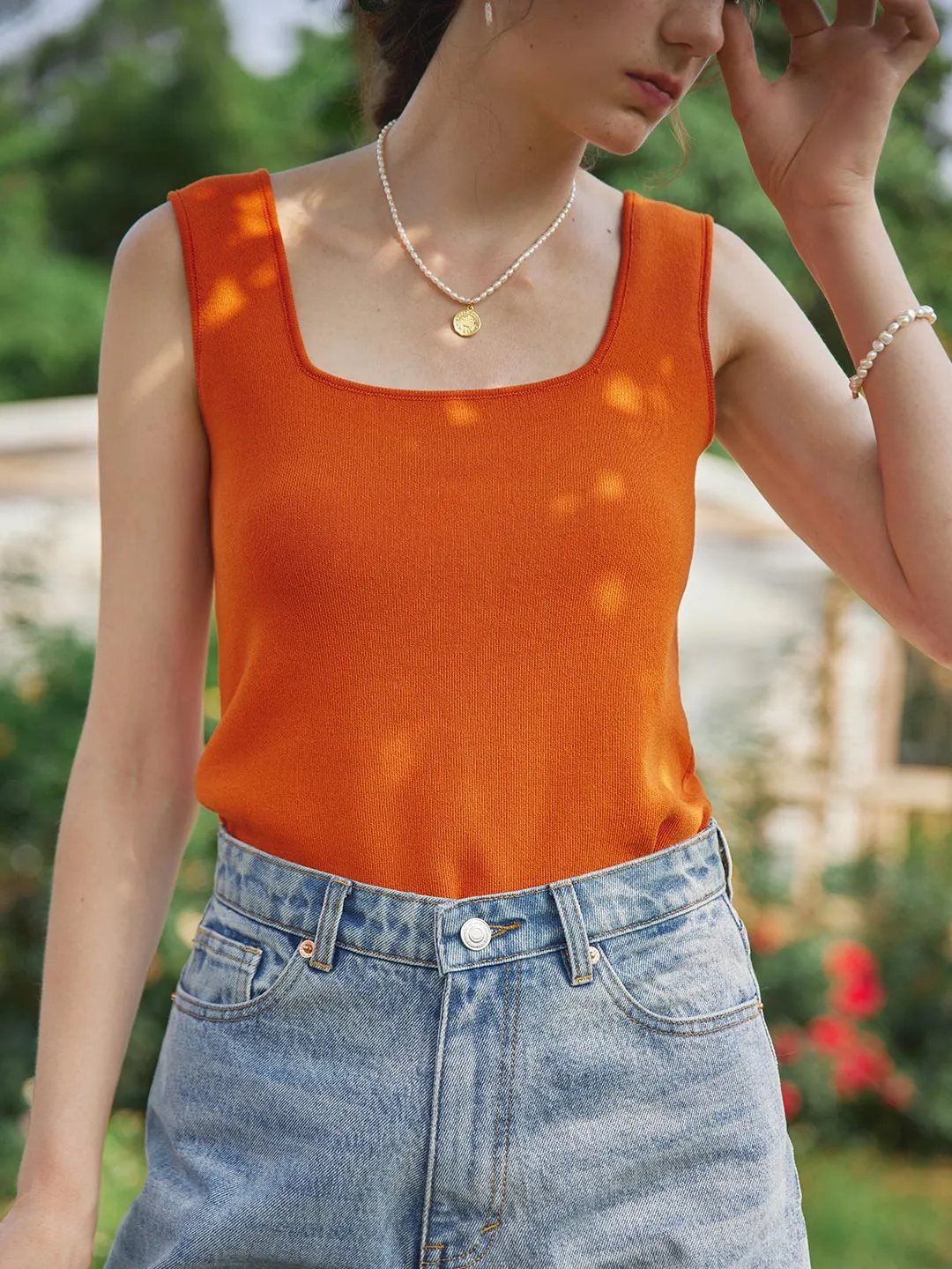 Marlen Square Collar Icy Silk Vest Low Profile Seaming