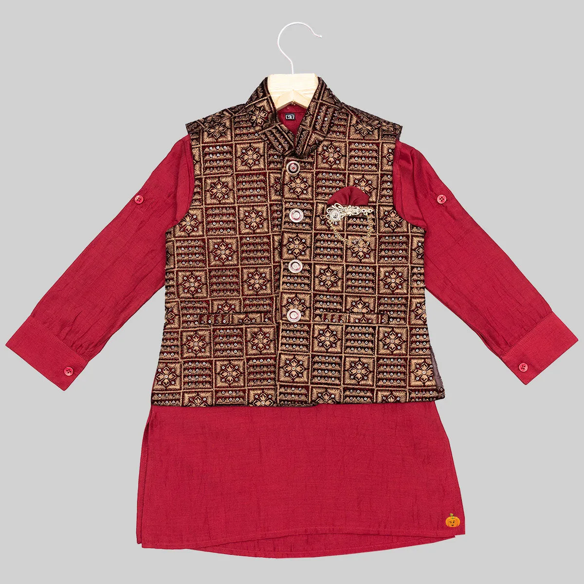 Maroon & Black Embroidered Boys Kurta Pajama