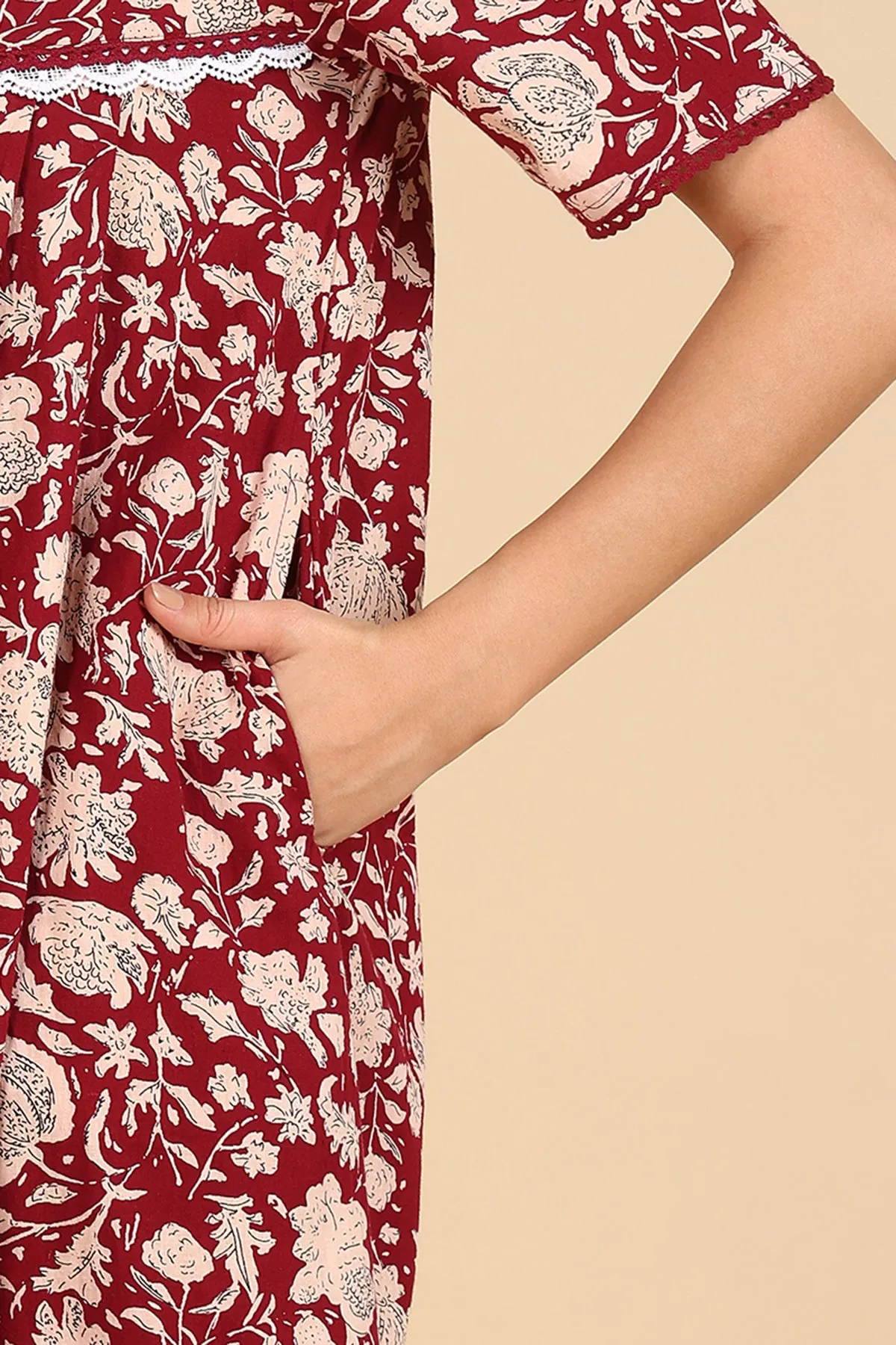 Maroon Floral Printed 100% Soft Cotton Zipless Maternity Maxi
