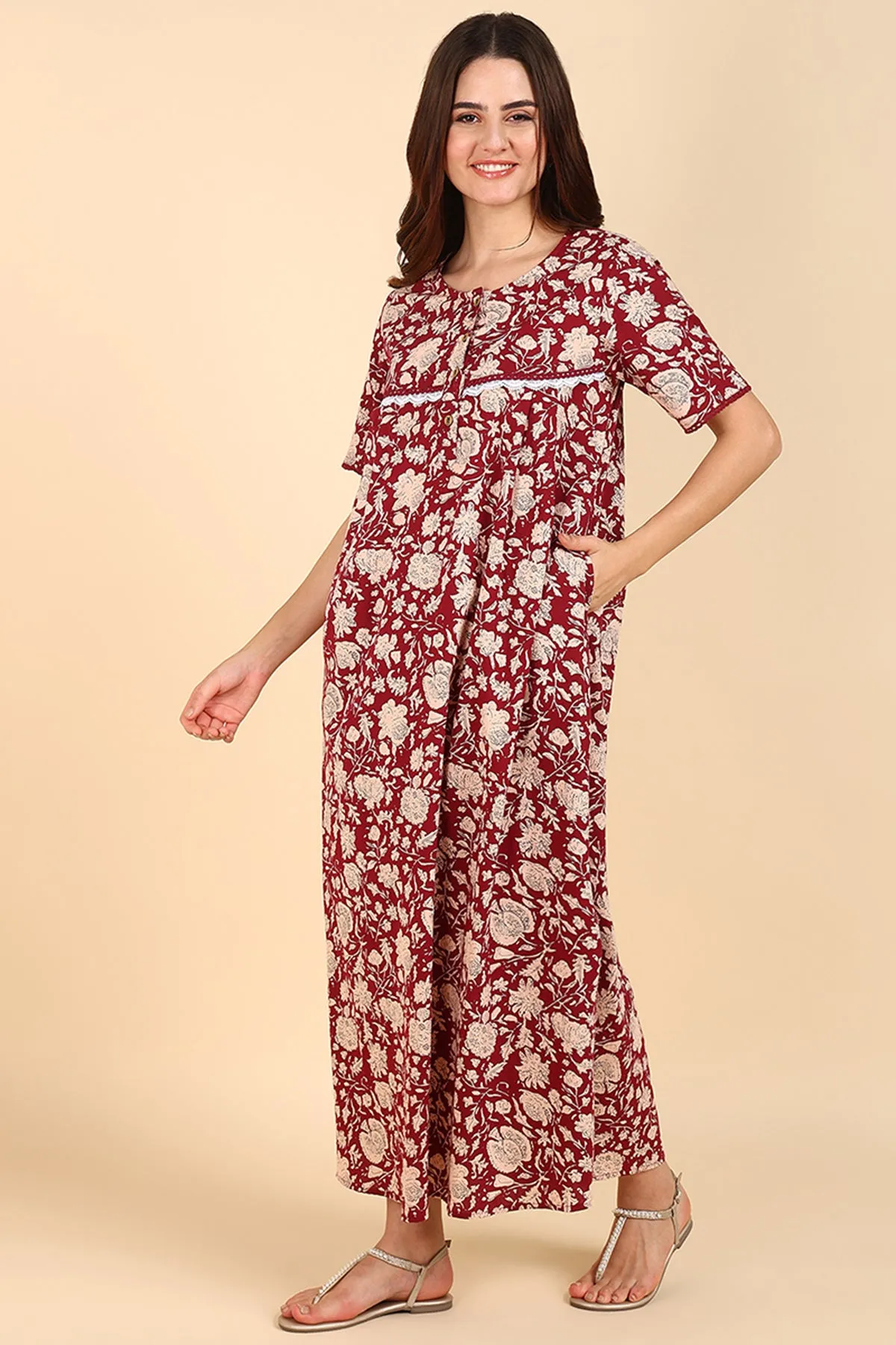 Maroon Floral Printed 100% Soft Cotton Zipless Maternity Maxi
