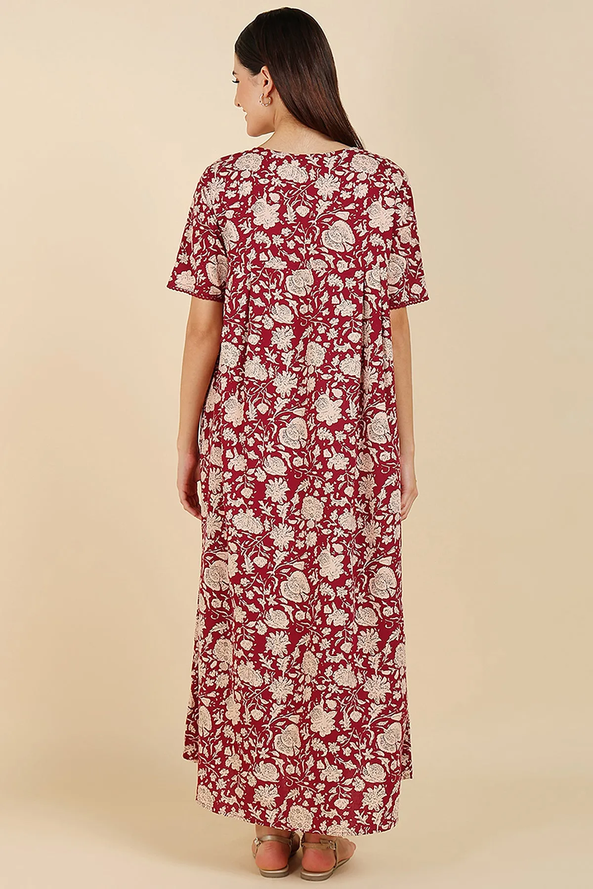 Maroon Floral Printed 100% Soft Cotton Zipless Maternity Maxi