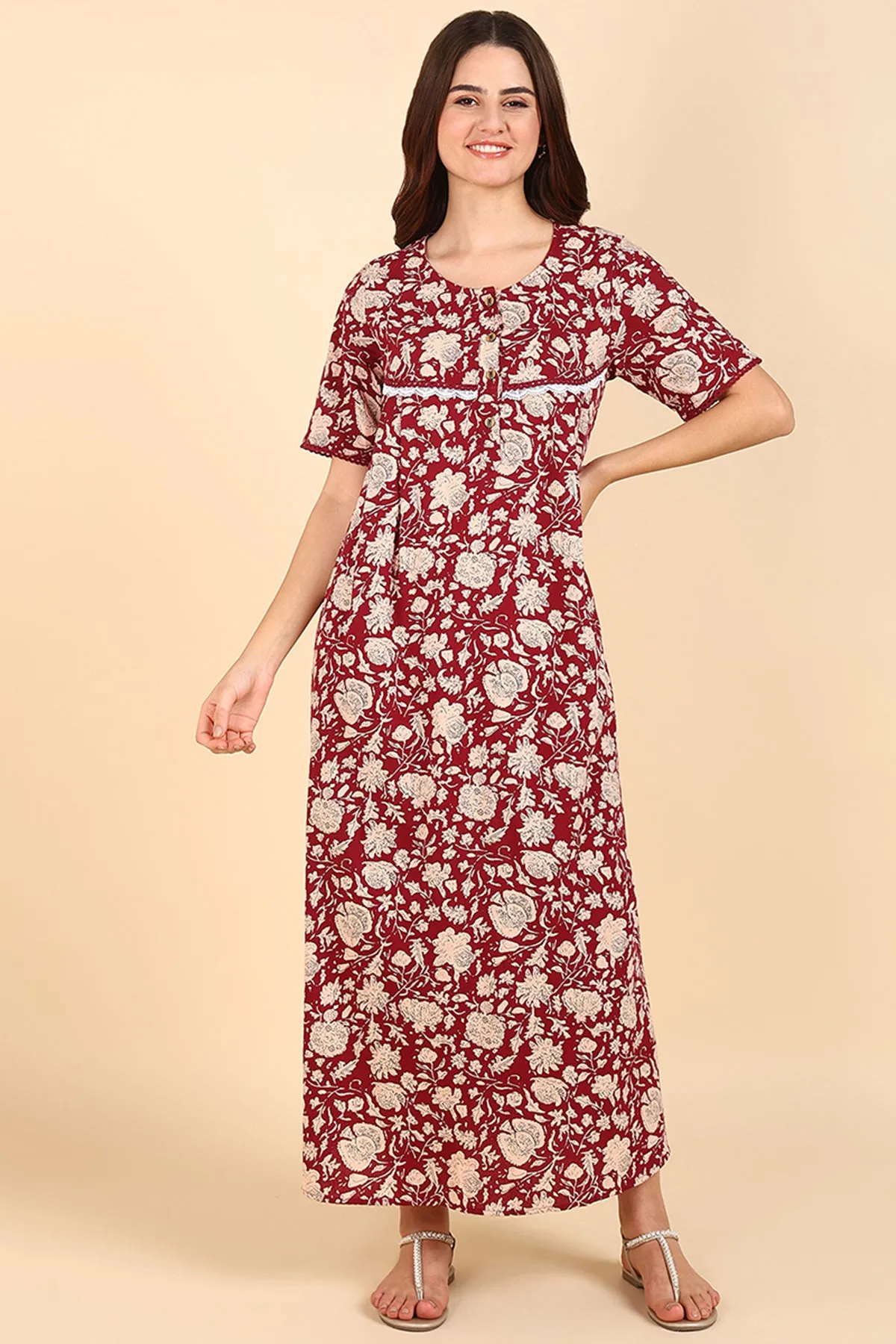 Maroon Floral Printed 100% Soft Cotton Zipless Maternity Maxi
