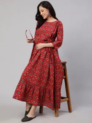 Maroon printed Cotton Maternity Dress