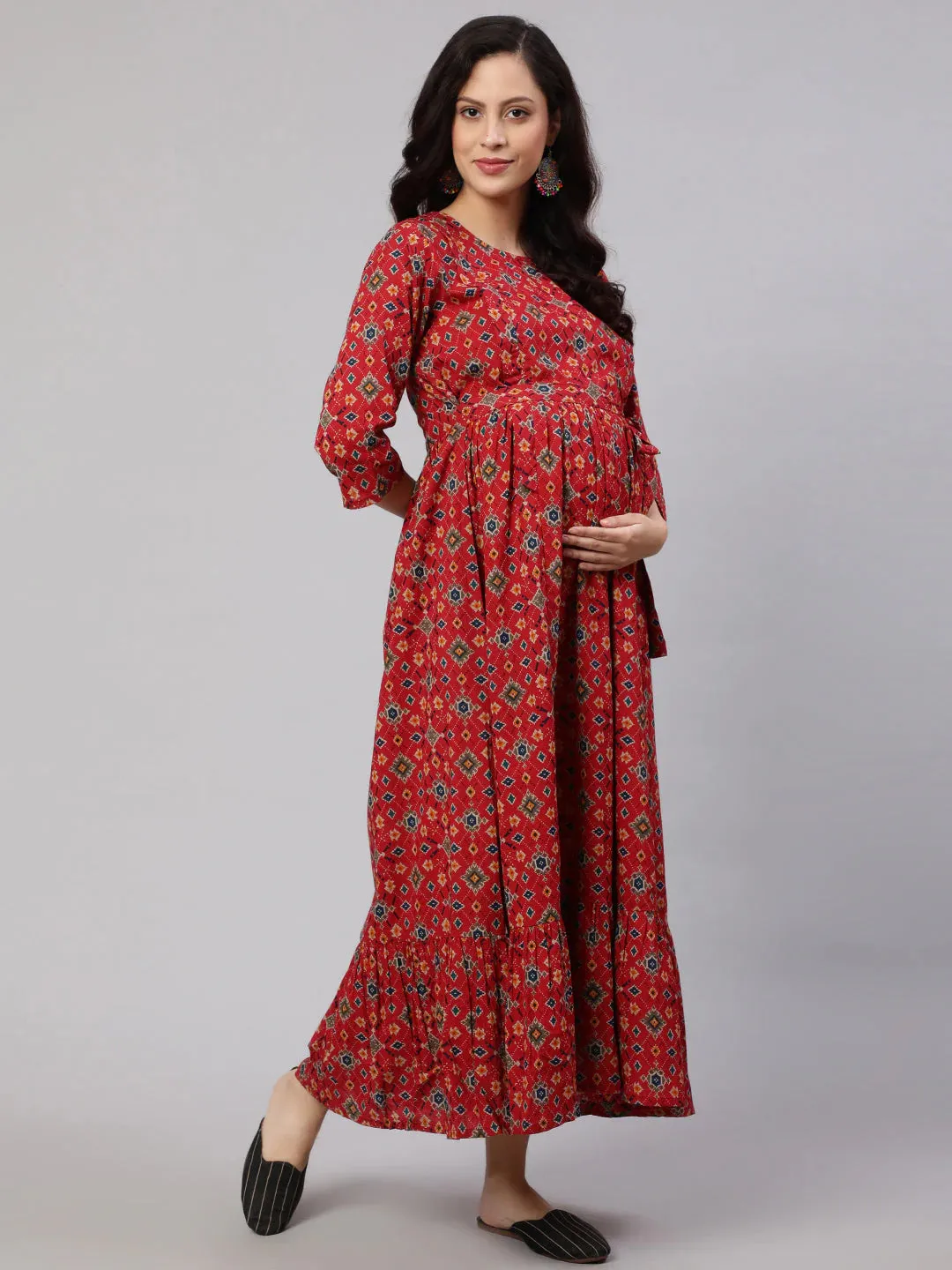 Maroon printed Cotton Maternity Dress