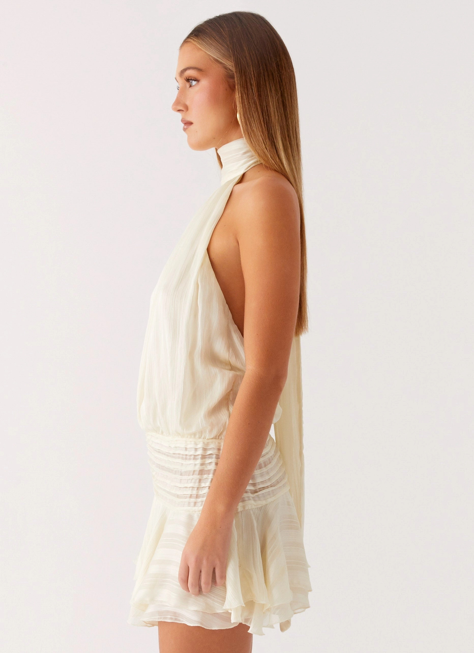 Villa Mood Side Ruching Willow Chiffon Mini Dress - Ivory