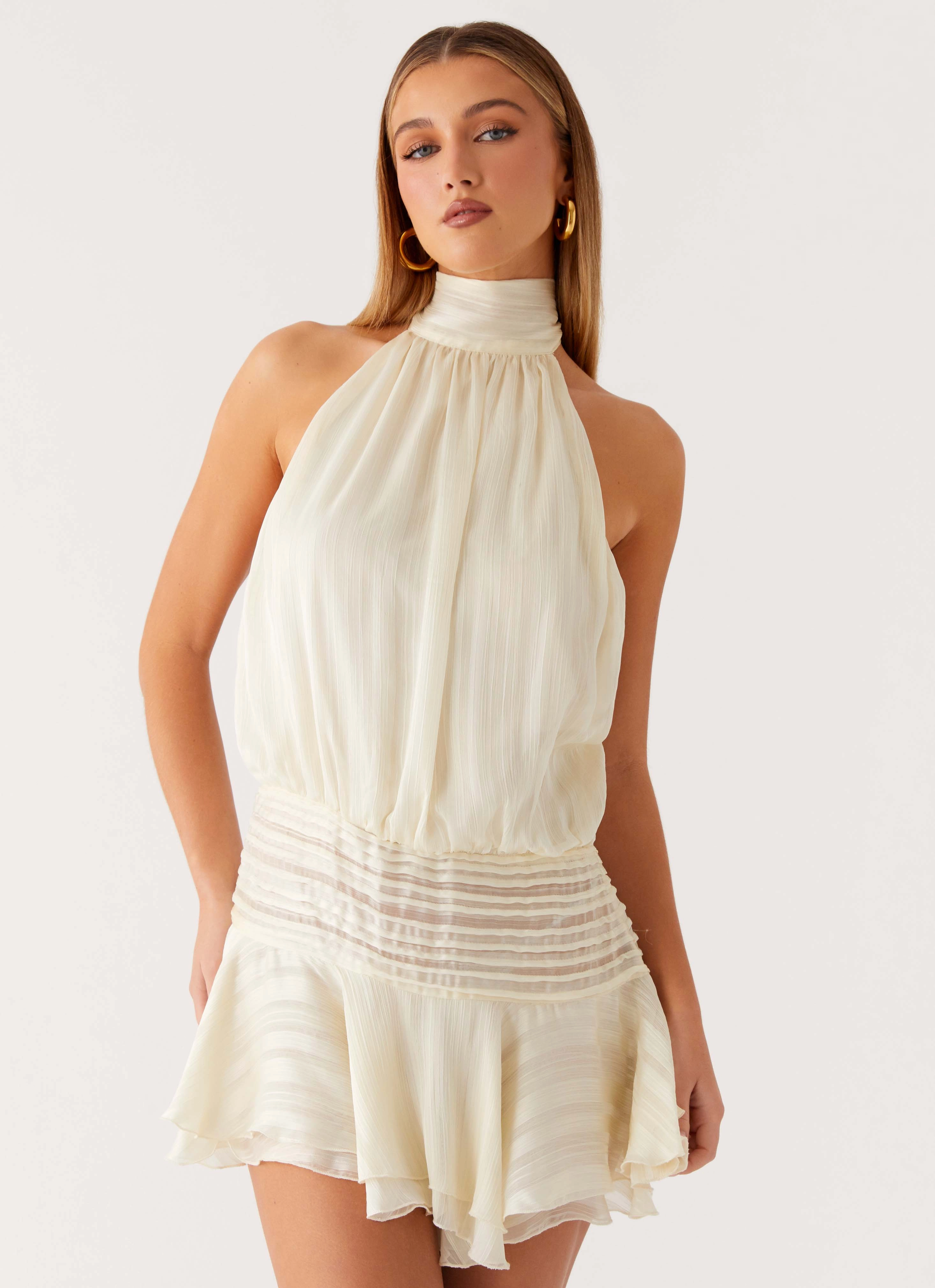 Willow Chiffon Mini Dress - Ivory Trendy Waist