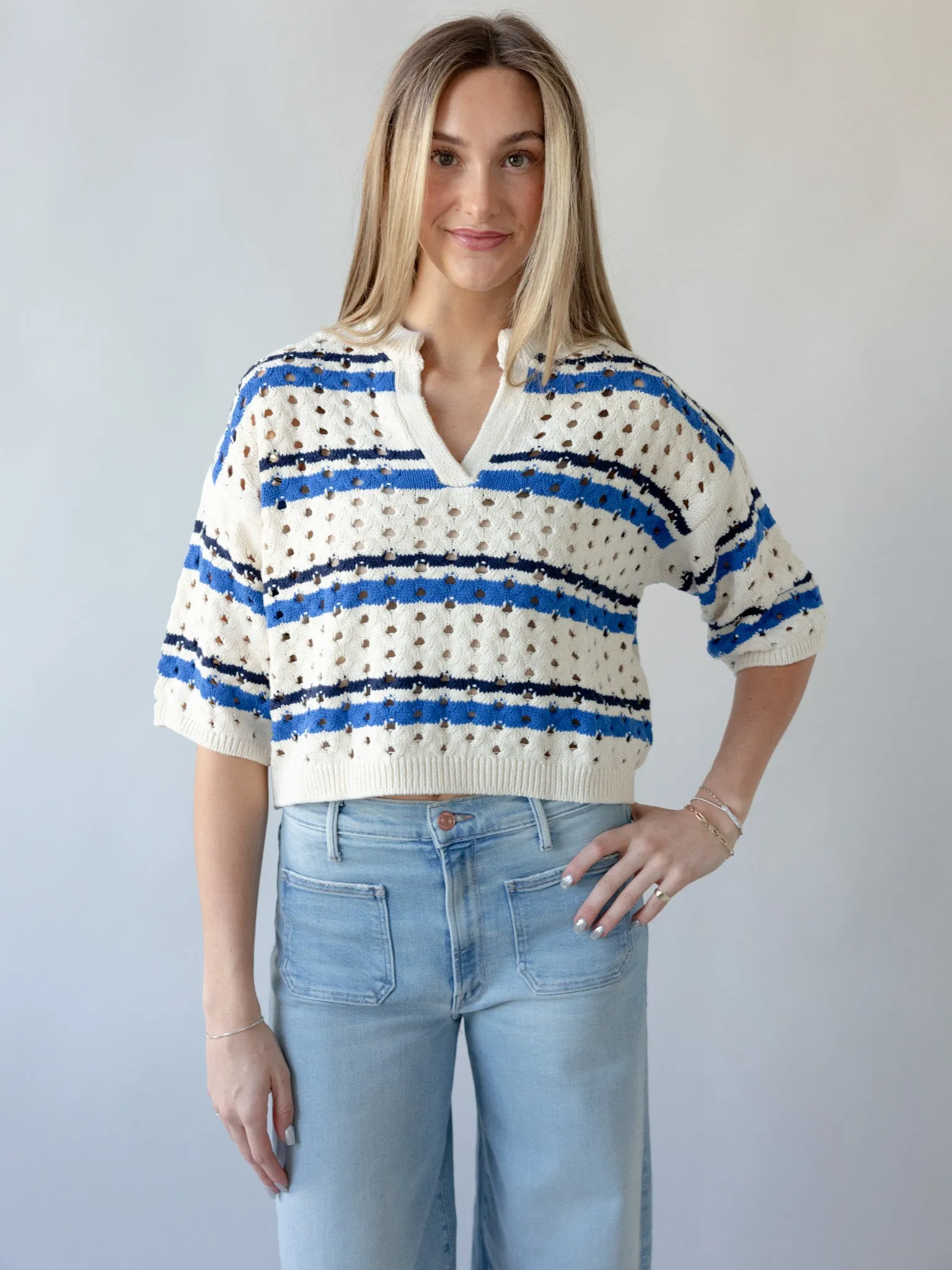 Match Point Sweater- White Wrinkle Free Weave Button Down Collar