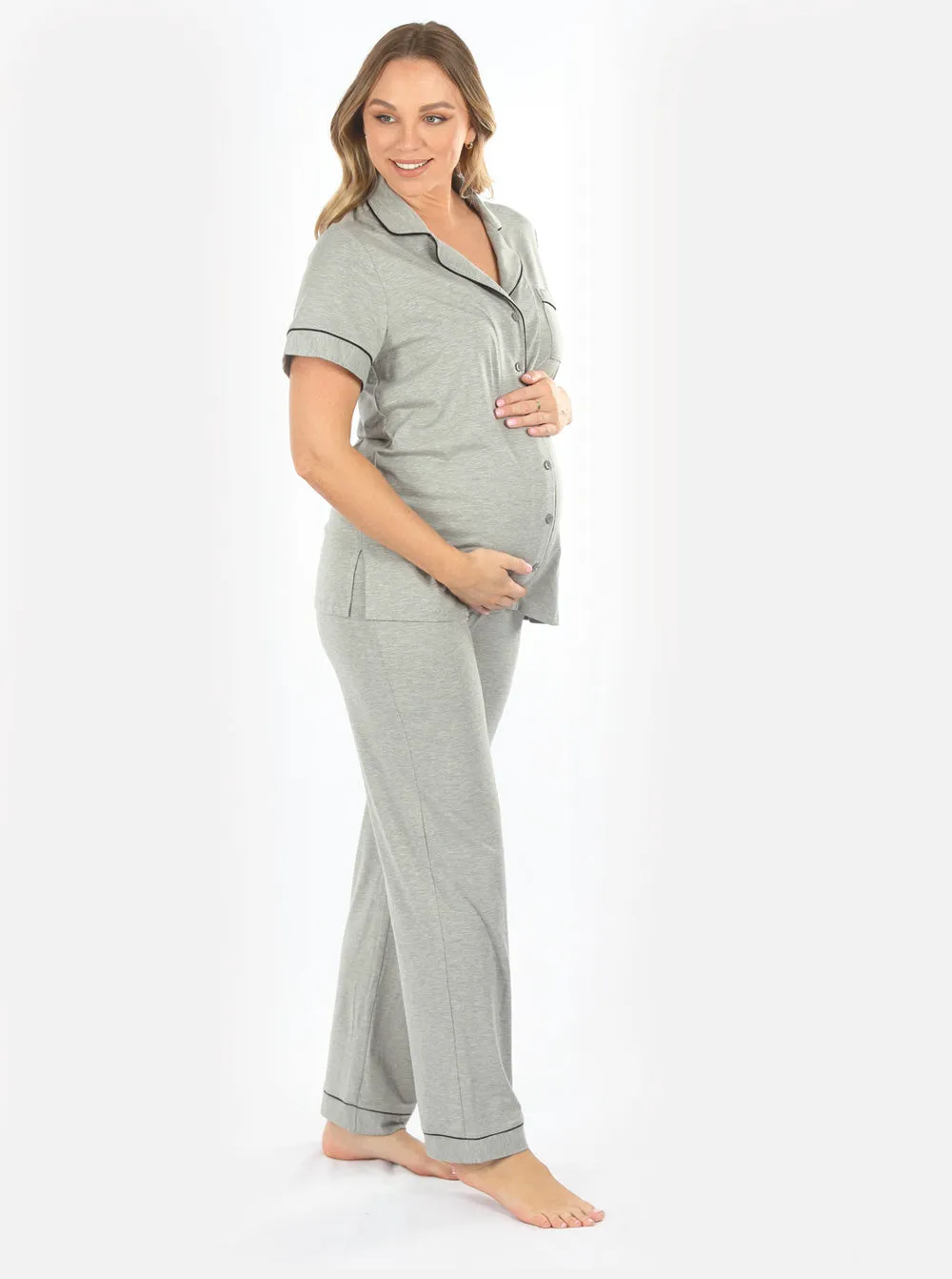 Maternity and Nursing short Sleeve Pajama Set in Marl Grey Bamboo